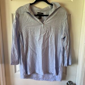 Tahari Women’s Large Linen 3/4 Sleeve Blouse Pullover V Neck Blue